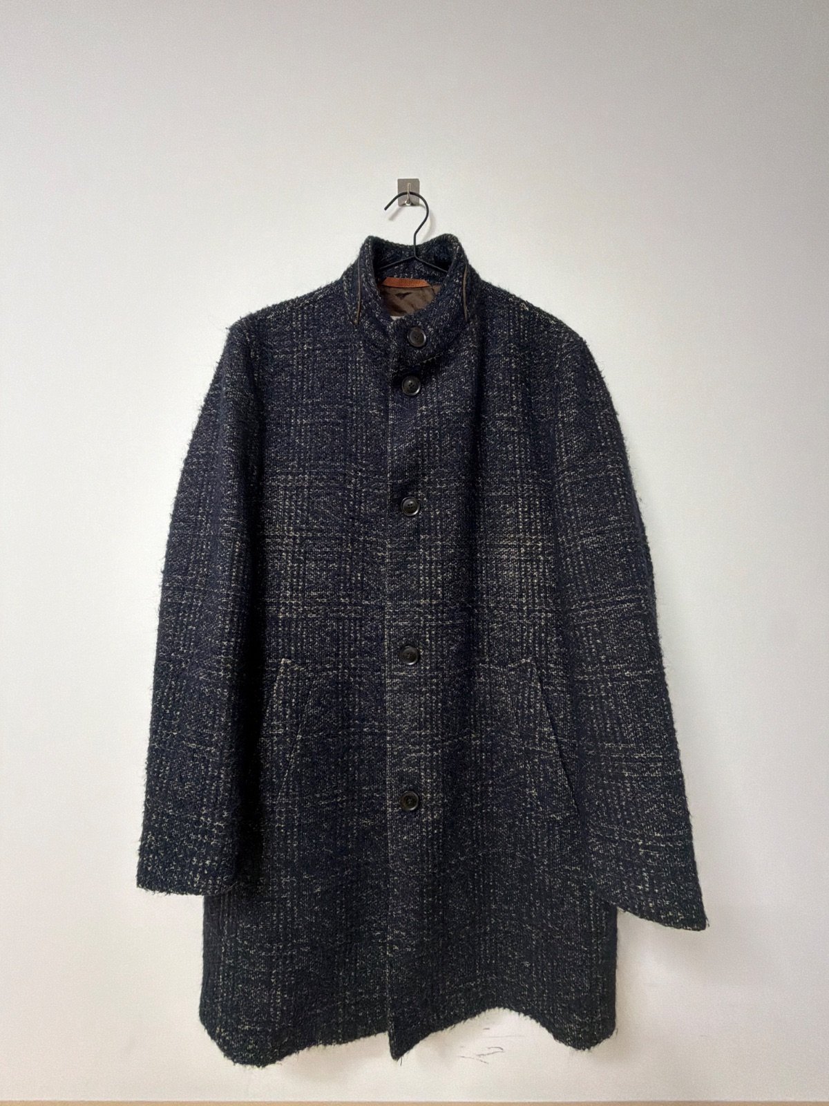 Bugatti Men's Wool Coat Alpaca Blend Textured Navy Blue Tweed Size 52