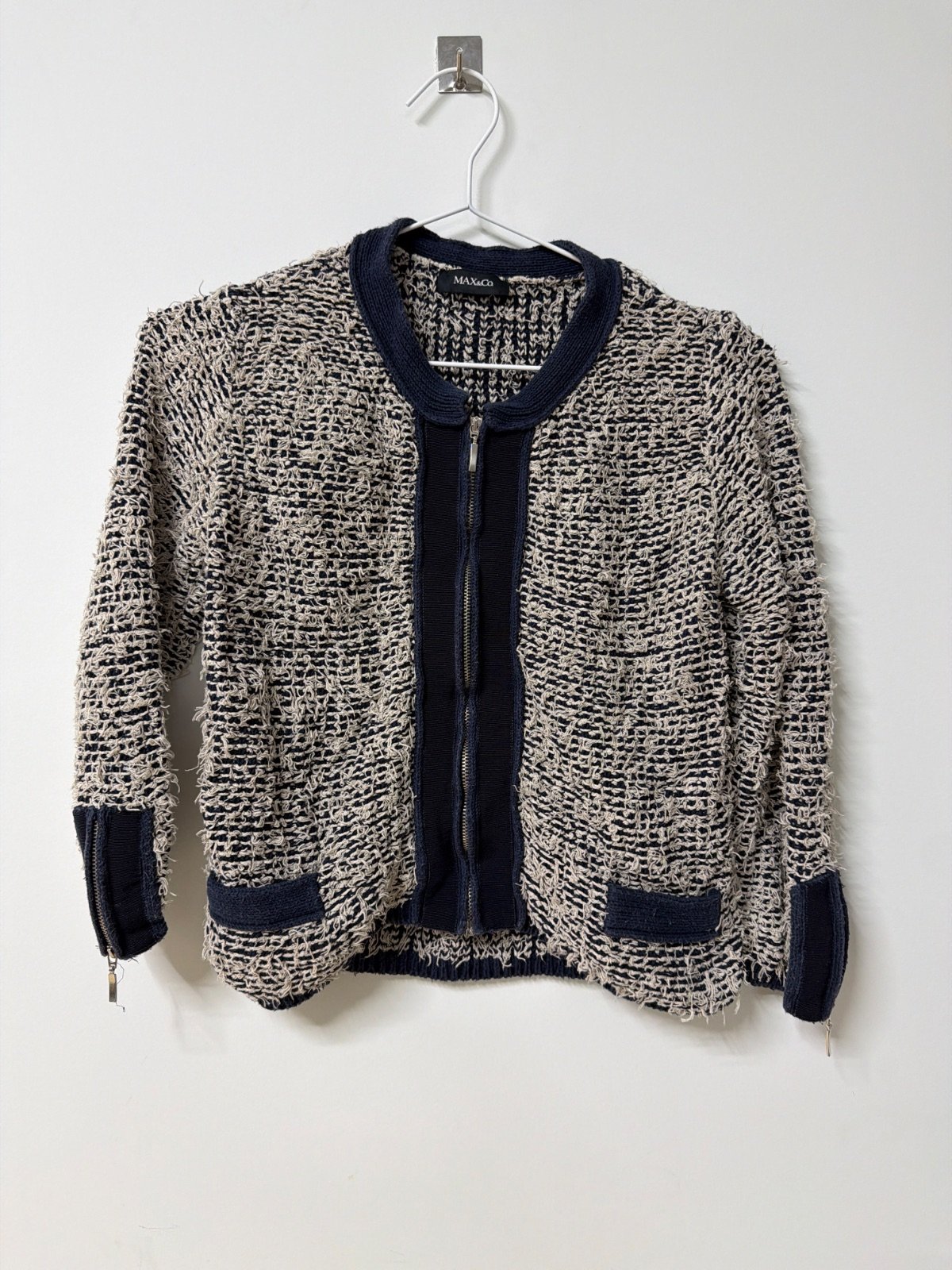MAX&Co. Textured Knit Zip Cardigan Navy Blue Cream Jacket Size S