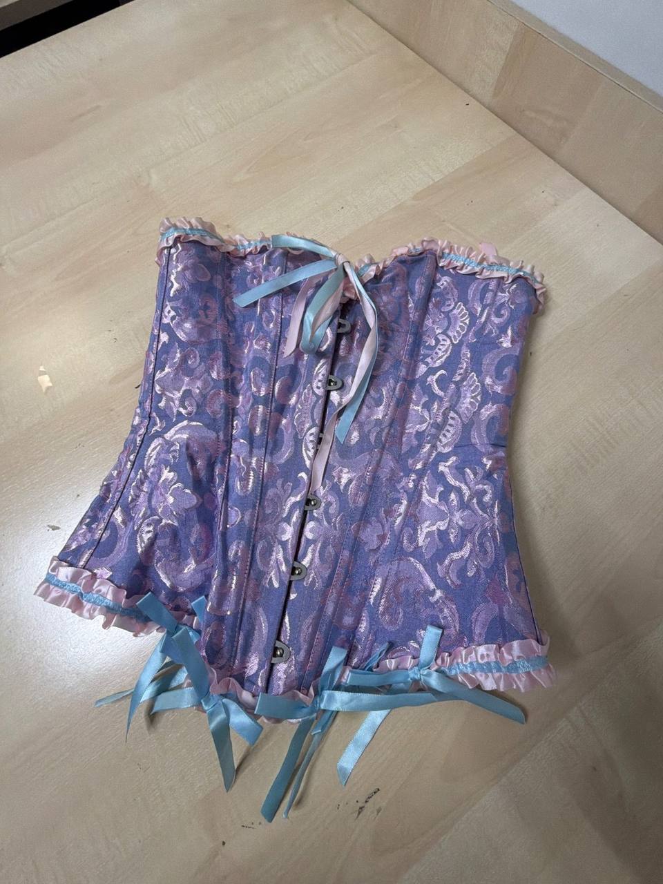 Corset brocado lila y rosa lazos satén Y2K romantico, lila / rosa / azul