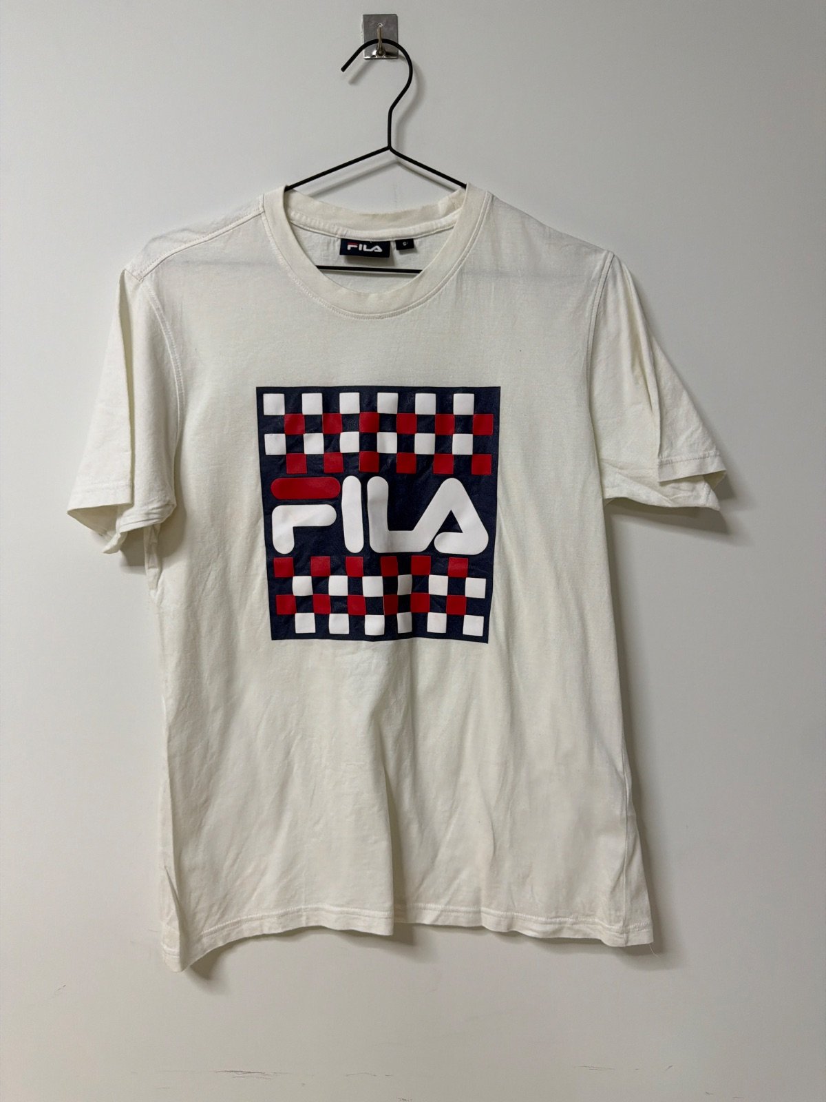 Fila White T-Shirt Graphic Checkerboard Logo Size S
