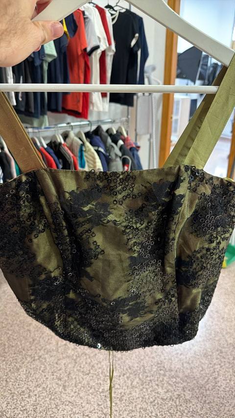 Vintage Y2K Olive Green Black Lace Sequin Crop Top Bustier Strappy