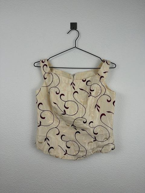 Vintage Cream Embroidered Boat Neck Top Floral Burgundy Y2K Size 46