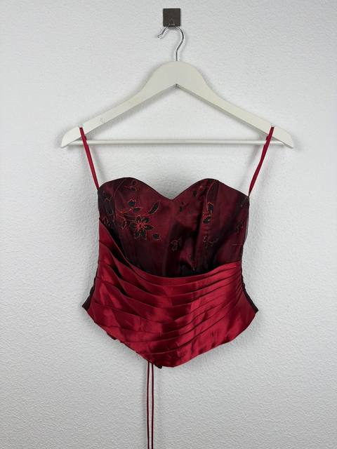 Vintage Y2K Burgundy Red Floral Embroidered Bustier Top Satin Pleats Size 38