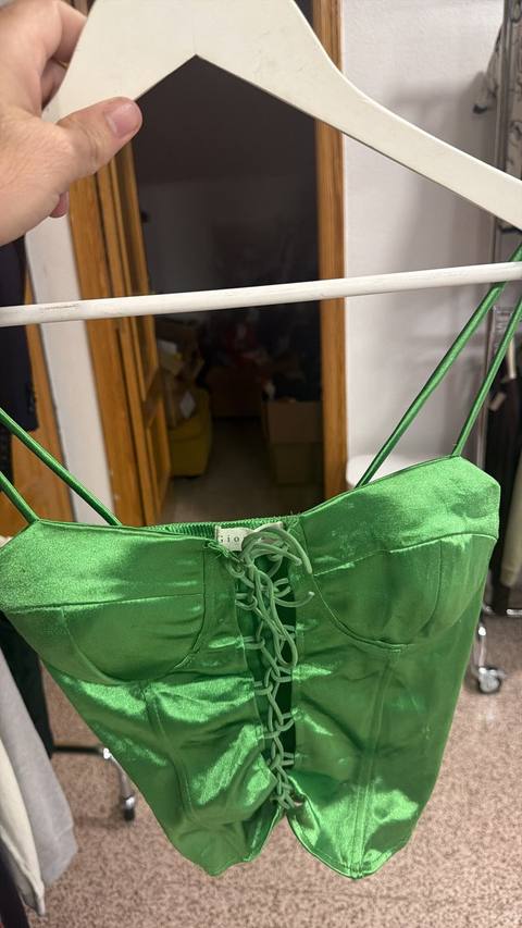 Green Satin Corset Bustier Top Lace Up Front Strappy Y2K Size M L
