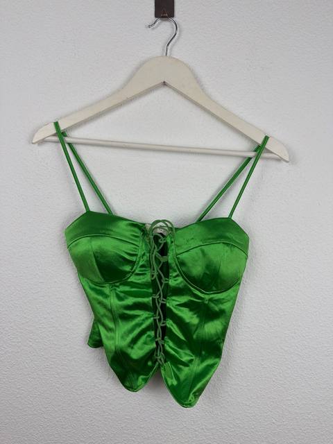 Green Satin Corset Bustier Top Lace Up Front Strappy Y2K Size M L